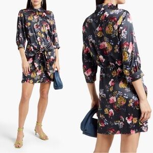 Cinq a Sept Tie-Front Satin Shirt Dress in Black